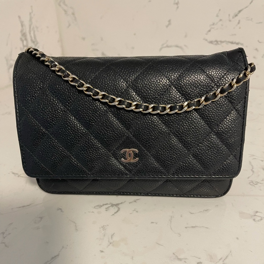 Authentic Chanel quilted caviar wallet on chain